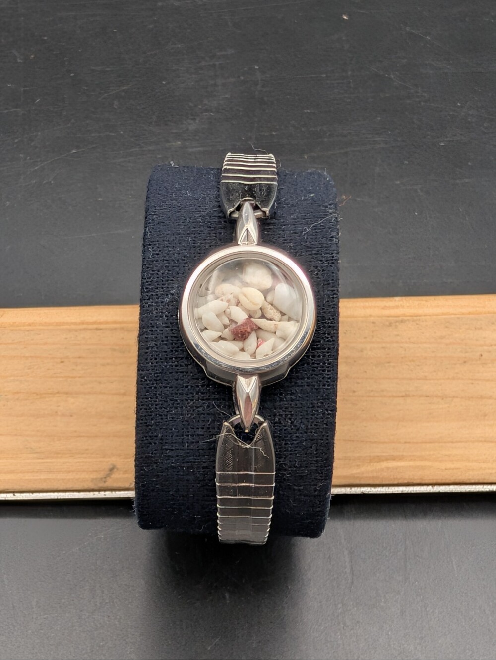 Vintage Hamilton Case Floating Seashell Bracelet 10K RGP Bezel Silver Tone 6.25